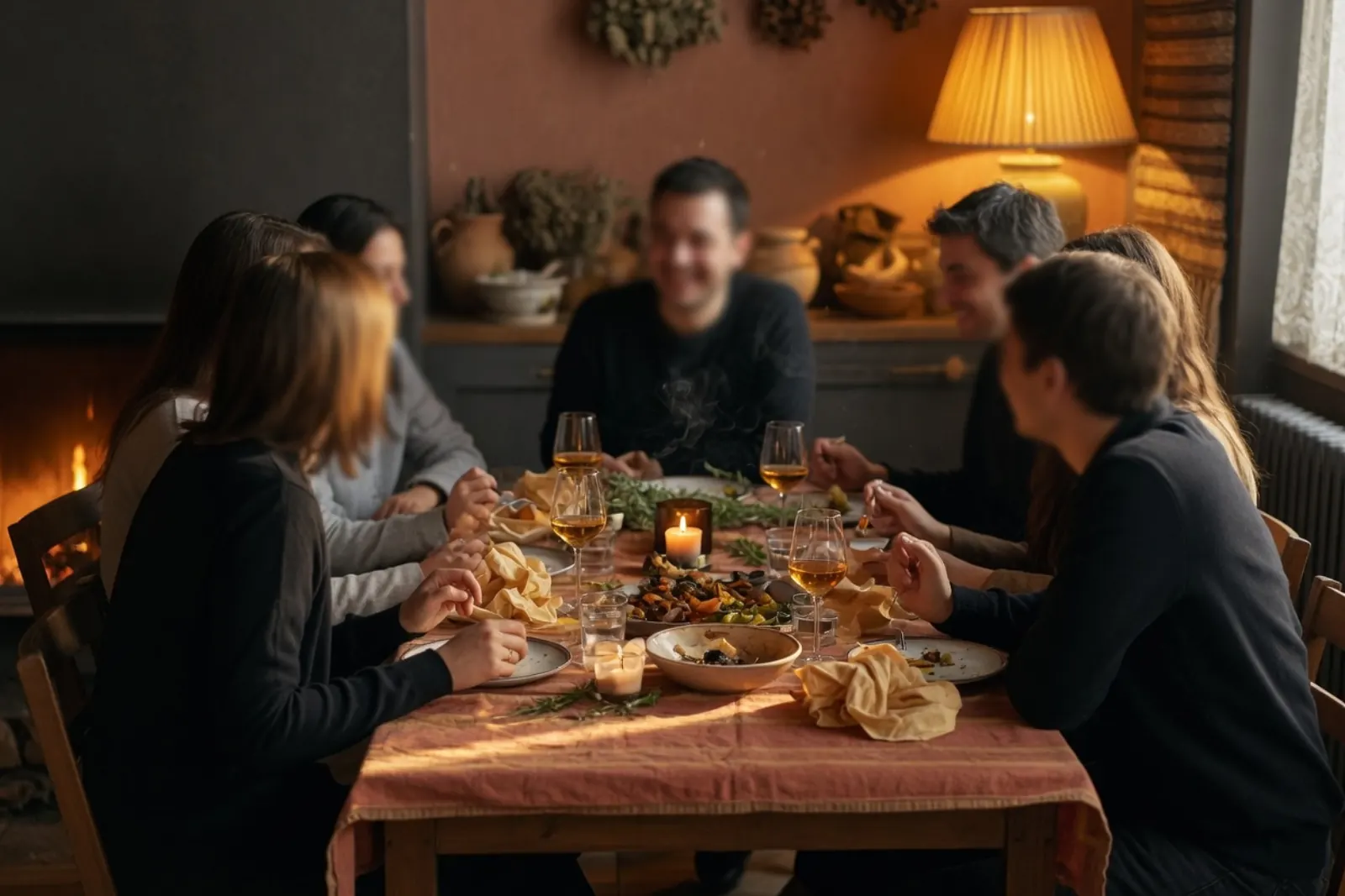 Warm gathering table suggesting community use