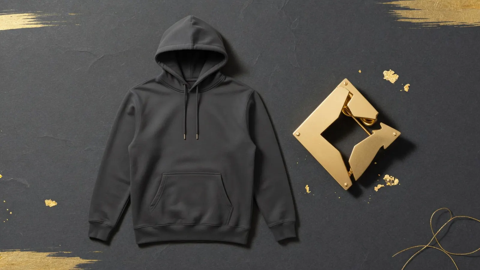 Dark gold editorial band for gear and merch
