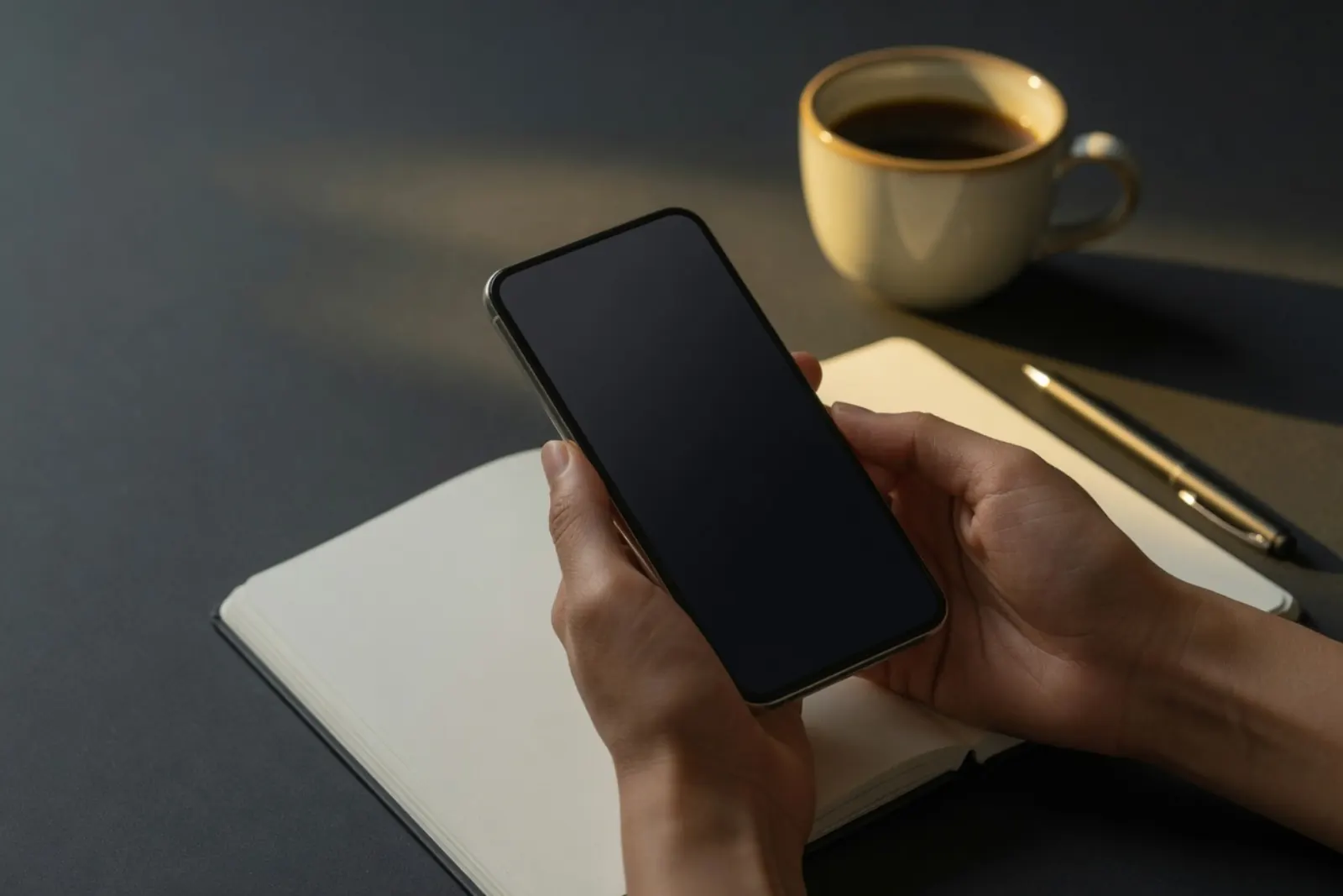 Hands holding blank phone — first Dogecoin practice steps